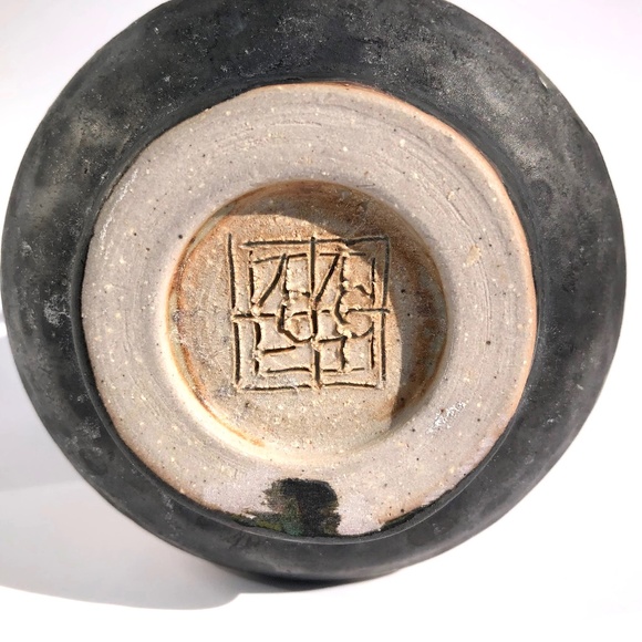 handmade pottery vase raku vessel leaves brown black blue drip 4 inches tall - Picture 16 of 16